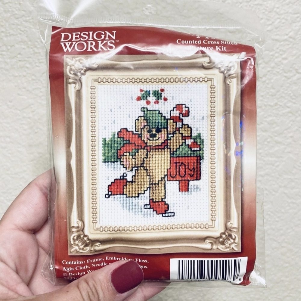 Vintage Christmas bear counted cross stitch kit 2”by3” by Design Works